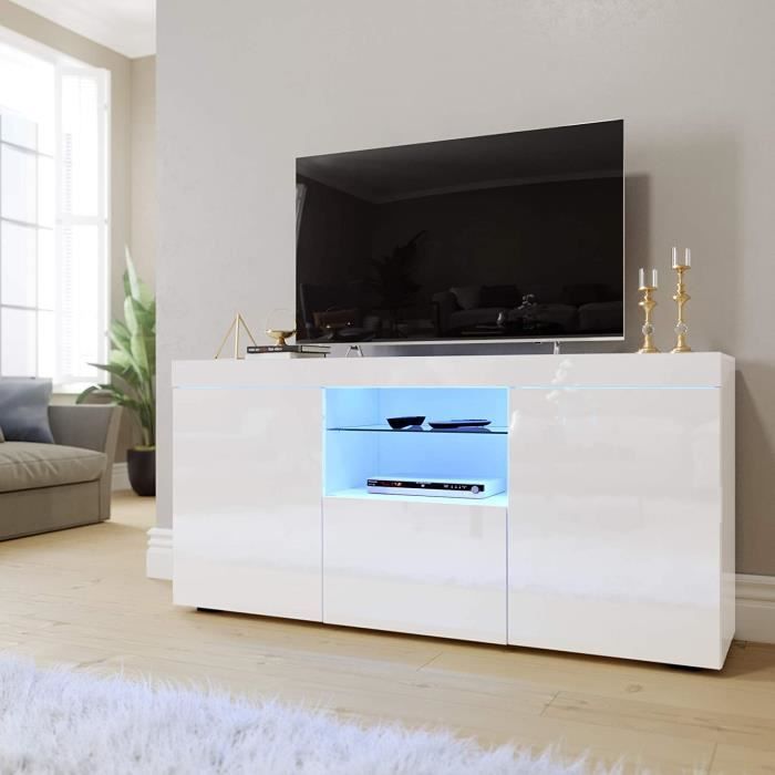 Dripex Meuble TV LED Blanc Brillant Moderne - 135 * 33,5 * 70 cm Avec 2 Grandes Portes 1 Petite Porte 2 Espace de Stockage