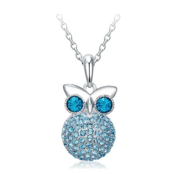 Pendentif Hibou en Cristal Swarovski Elements Bleu et Plaqué Rhodium