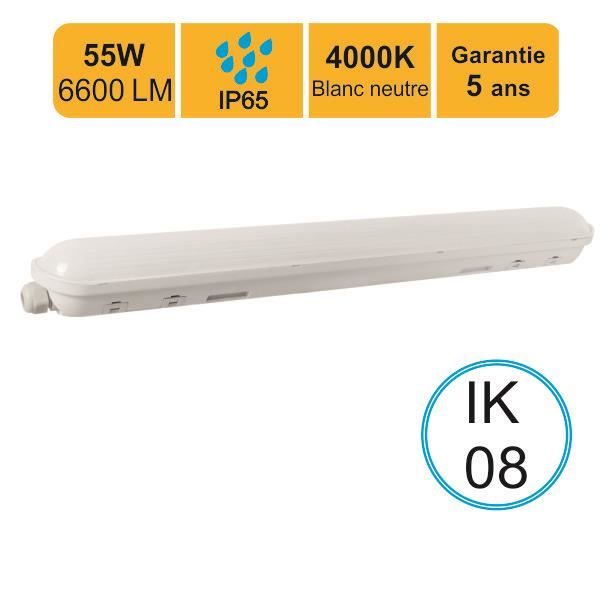 Réglette LED étanche 1500mm 55W (Equiv. 2x58W) 6600 LM - interconnectable - Blanc neutre (4000K) IP65