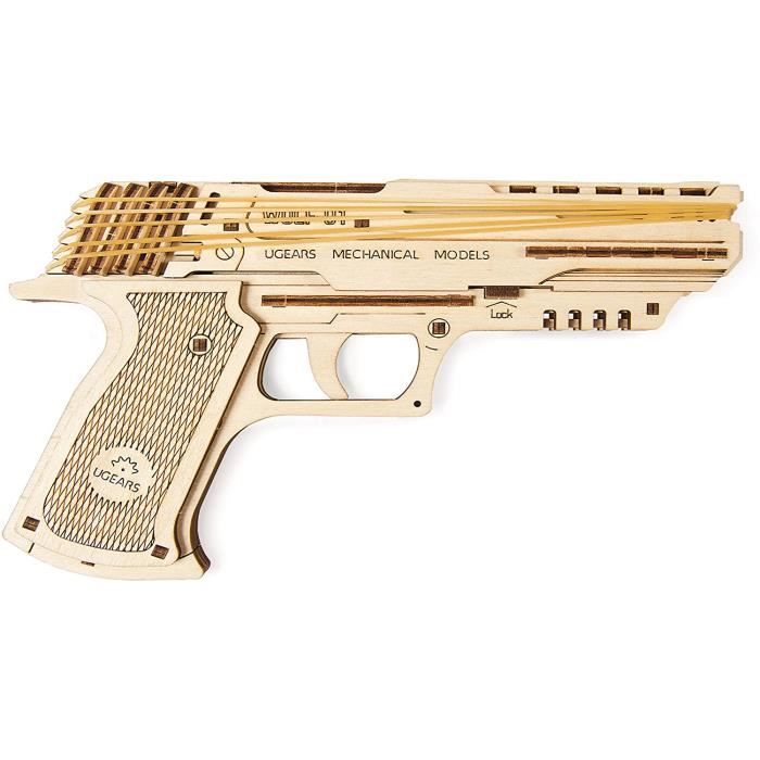 Jeux de construction UGEARS Pistolet Wolf-01 en Bois à Assembler Model 2018 - Pistolet à Construire avec Elastiques – Mo 52409