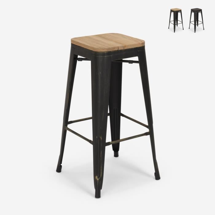Tabouret Design Métal Bois Style Industriel Tolix Bar Cuisines Brush Up, Couleur: bois neutre