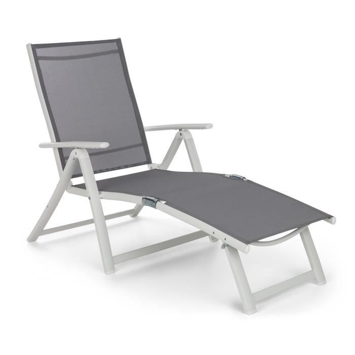 Blumfeldt Pomporto Lounge Chaise longue - Transat bain de soleil réglable 7 positions - toile PVC & cadre aluminium - blanc -gris