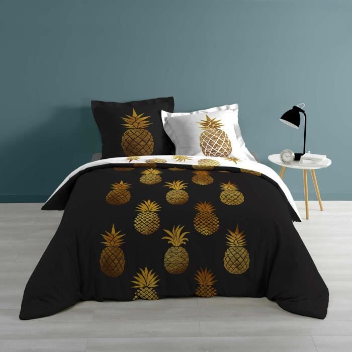 Parure coton réversible 240 x 220 cm imprimé noir et or Ananas queen