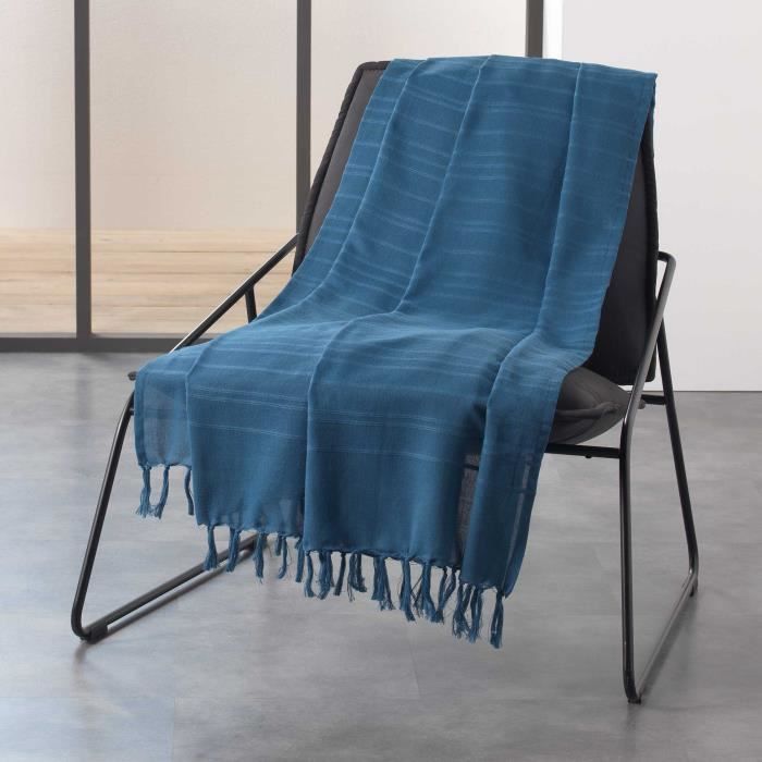 Jete de canape a franges 180 x 220 cm coton tisse lilia Indigo