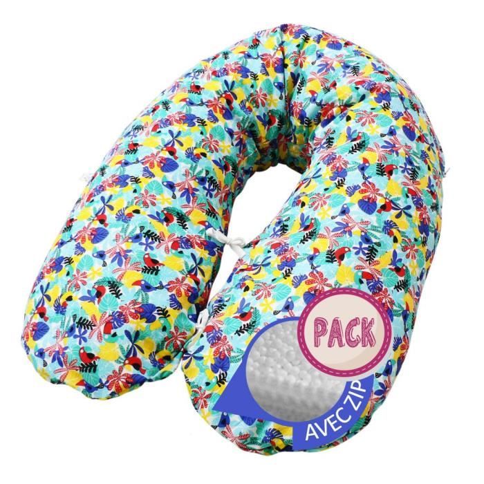 MODULIT - PACK COMPLET : Coussin d'allaitement modèle Tropical Bleu, déhoussable au volume ajustable + la seconde housse