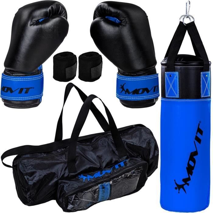 Kit de boxe Movit® avec sac de boxe 5,5 kg, 2 gants de boxe 8 oz, 2 bandes de maintien et sac de transport, couleur bleu