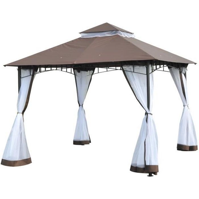 Tonnelle barnum style colonial double toit toile moustiquaires amovibles 3L x 3l x 2,7H m métal époxy polyester chocolat et blanc