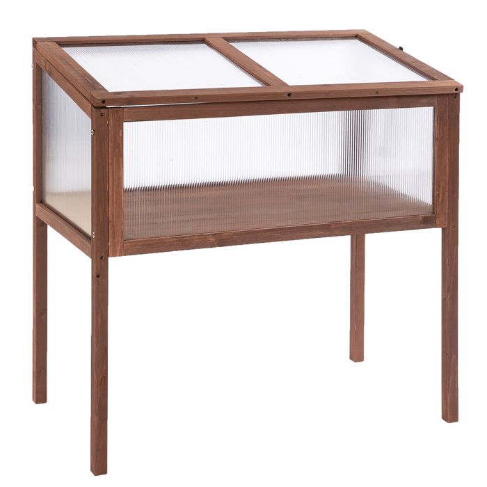 Mini serre sur pieds dim. 90L x 50l x 93H cm toit ouvrable panneaux de polycarbonate bois sapin traité 90x50x93cm Marron