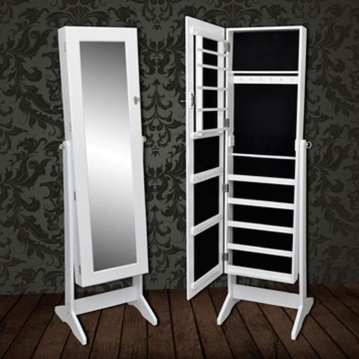 Armoire à bijoux sur pied ranger de porte avec miroir réglable46 x 37 x 146 cm (L x l x H)-blanche