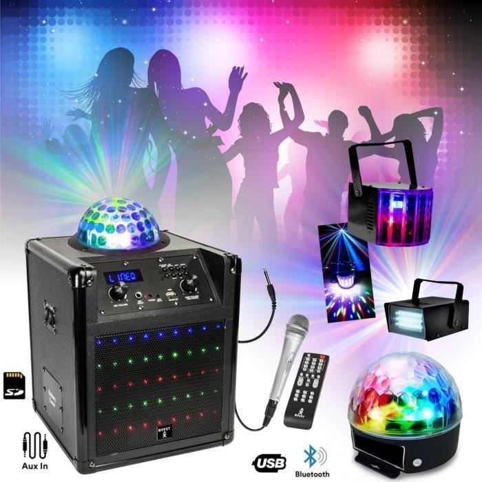 Pack Enceinte Karaoke sans fil USB/Bluetooth BOOST-KUBELED-BK - 3 Jeux de lumière Astro - Stroboscope Derby - Micro - Télécommande