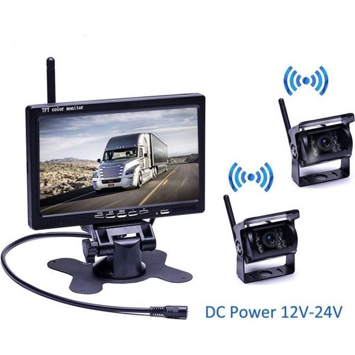 Podofo Kit de Caméra de Recul Sans Fil DC 12V-24V Fiche 7'' Moniteur Caméra Arrière IR pour Bus Camion Caravane Utilitaire Lourd