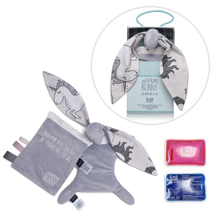 Doudou lapin bouillotte-gel spécial bébé - Gris Licorne Rose 1