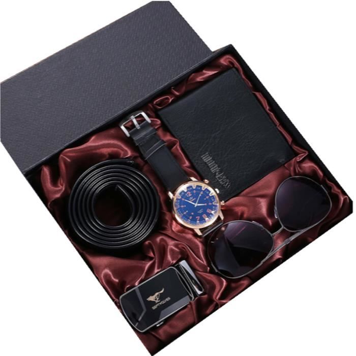 Coffret montre homme chronograph lunettes de soleil portefeuille ceinture costume quatre pièces