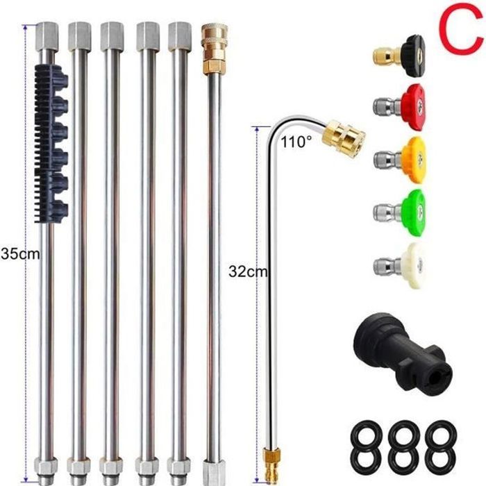 Rallonge Lance Nettoyeur Haute Pression 34 Cm 90° Avec 5 Buses - Connexion Rapide 6,35 Mm
