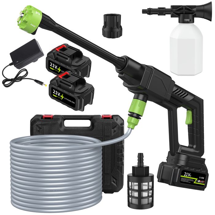 Nettoyeur Haute Pression Sans Fil 600 PSI 21V Avec 2 Batteries - Buse 6-en-1 Pour Voiture Et Extérieur