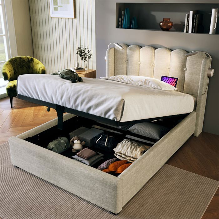Lit coffre Lit rembourré 90x200cm avec lampes de lecture et chargement USB Rangement hydraulique Sommier à lattes Lin Beige