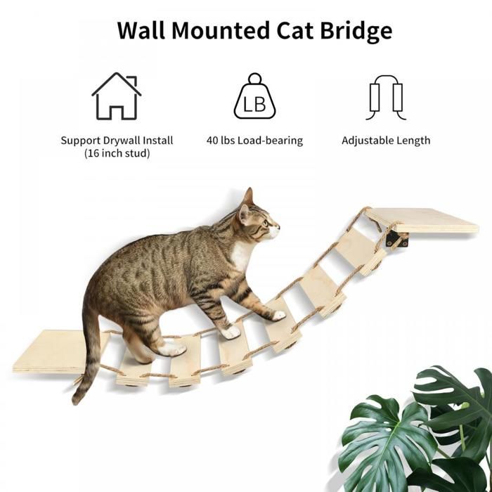 JEOBEST Pont Suspendu Pour Chat, Mur D'escalade, Meuble Pour Chat, Montage Mural, en Bois, 32.5*15.5*85cm