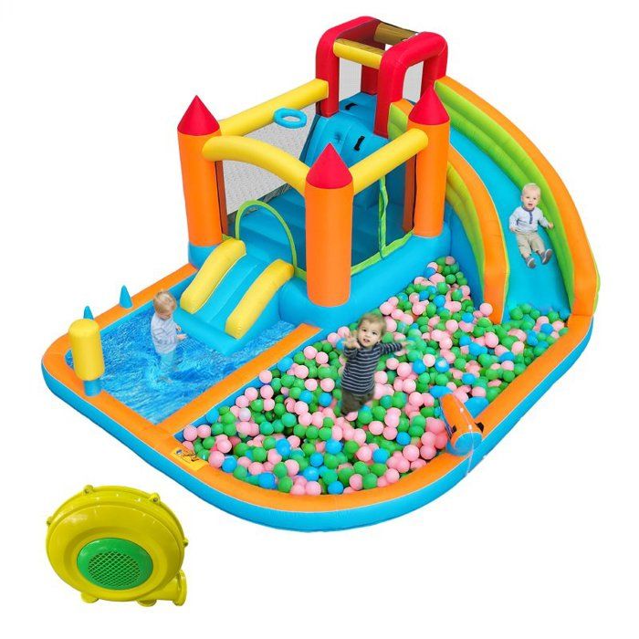 Château Gonflable Avec Piscine Et Toboggan – 450x300x180 Cm, Ventilateur Inclus, Thème Lime Party, Filets De Sécurité, Dès 3-8 Ans
