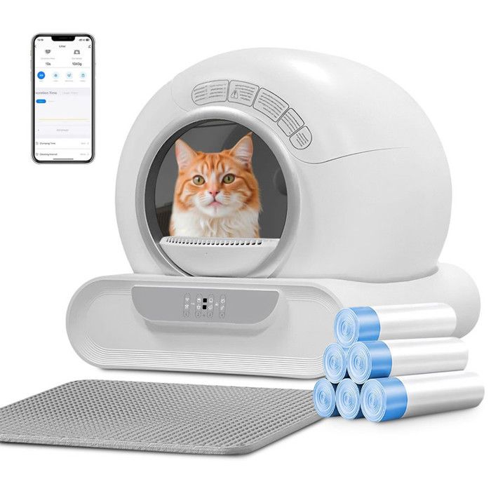 Meilleurs prix pour Bac à Litière Autonettoyante pour Chat 65L+9L - Litière Automatique Contrôle par App - Tapis de Litière et 6 Sacs Poubelles