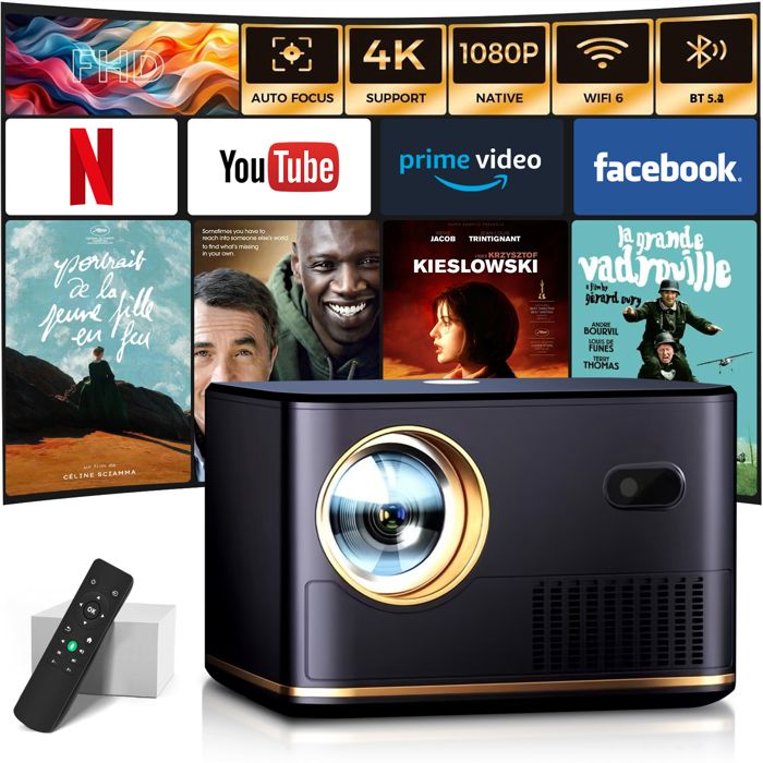 Vidéoprojecteur T1-A Auto Focus & Keystone – 30000 Lumens, 1080P Full HD, 4K Supporté, WiFi Bluetooth, Zoom 50% – Cinéma Maison Portable