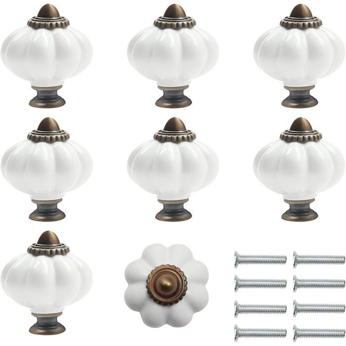 Lot de 8 boutons de meuble céramique blanc et bronze forme citrouille 3 x 3 5 cm