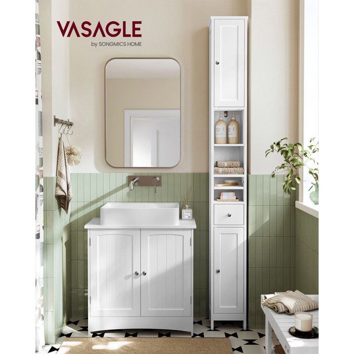 Armoire de Salle de Bain Haute avec Étagères Réglables Tiroir Compartiments Ouverts pour les Petits Espaces Blanc Nuage