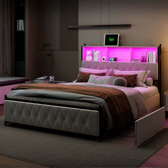 Cadre de lit 160x200 cm velours beige - LED connectée 4 tiroirs 2 ports de charge (USB+Type‑C)