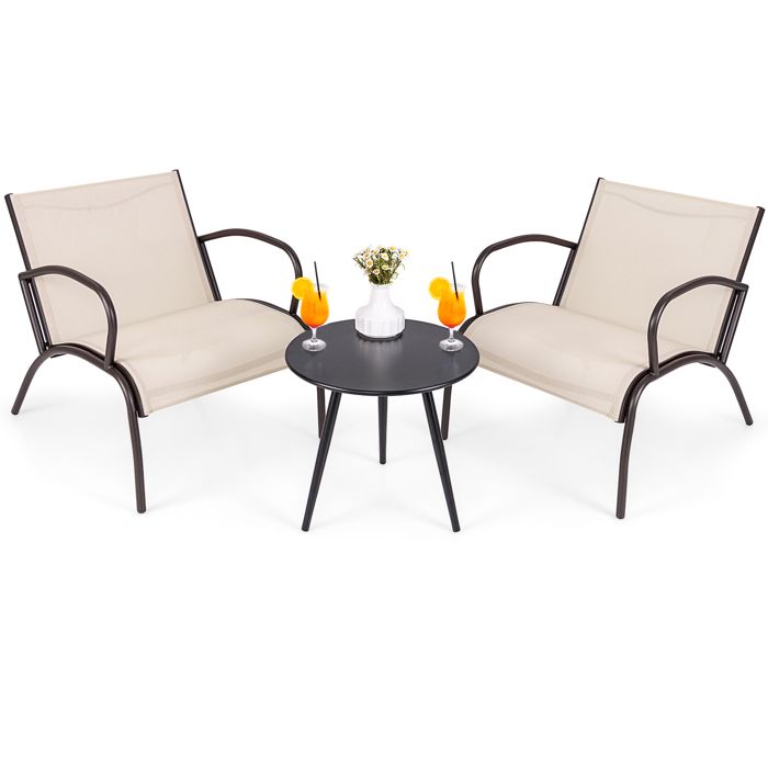 COSTWAY Ensemble 3 PCS Table et Chaises de Jardin Extérieur Siège Incurvé en Tissu Meubles dExtérieur pour Balcon Patio Piscine