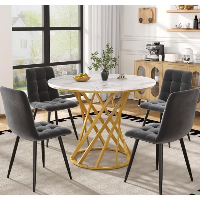 Ensemble de table à manger avec 4 chaises - table de cuisine ronde de 80cm blanc chaises de salle à manger en velours gris foncé