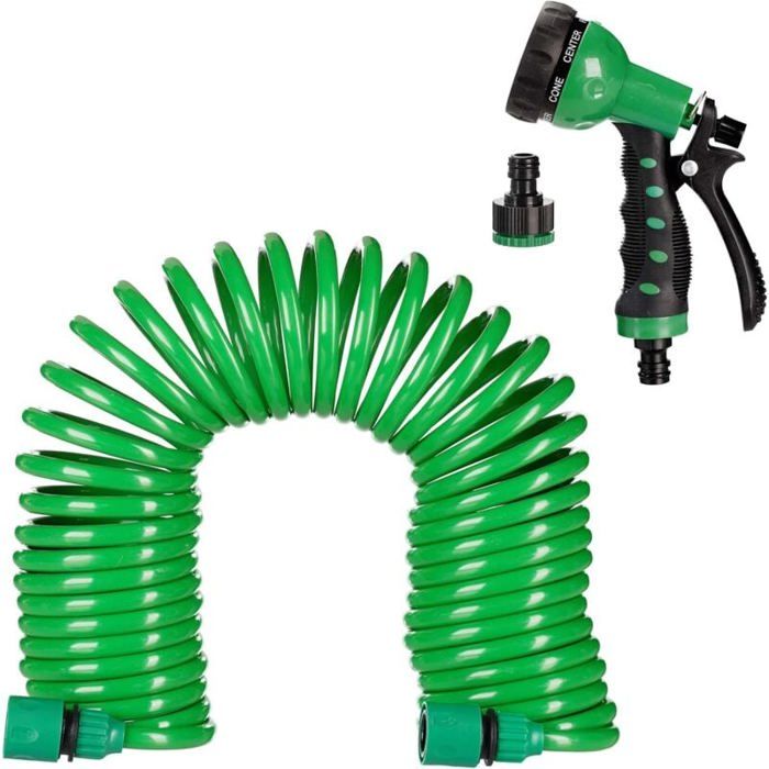 Tuyau darrosage extensible - PZCC - spirale - 30 m - 7 modes de jet - PP/ABS - Vert