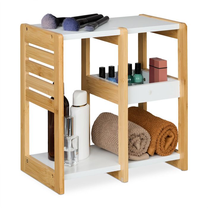 Relaxdays Étagère de salle de bain 3 niveaux HxLxP : 35x34x20 cm Meuble pour cuisine bambou MDF blanc