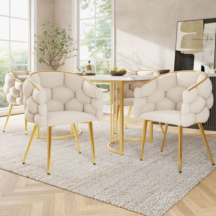 Ensemble table et chaises salle à manger 140x80 design moderne plateau laqué brillant chaises rembourrées pieds métal doré