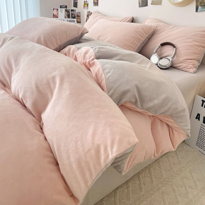 Housse de Couette Flanelle 220 x 240 cm Parure de Lit 4 Pcs en Velours Chaud Ultra Doux avec Fermeture Éclair Flanelle Bicolore F
