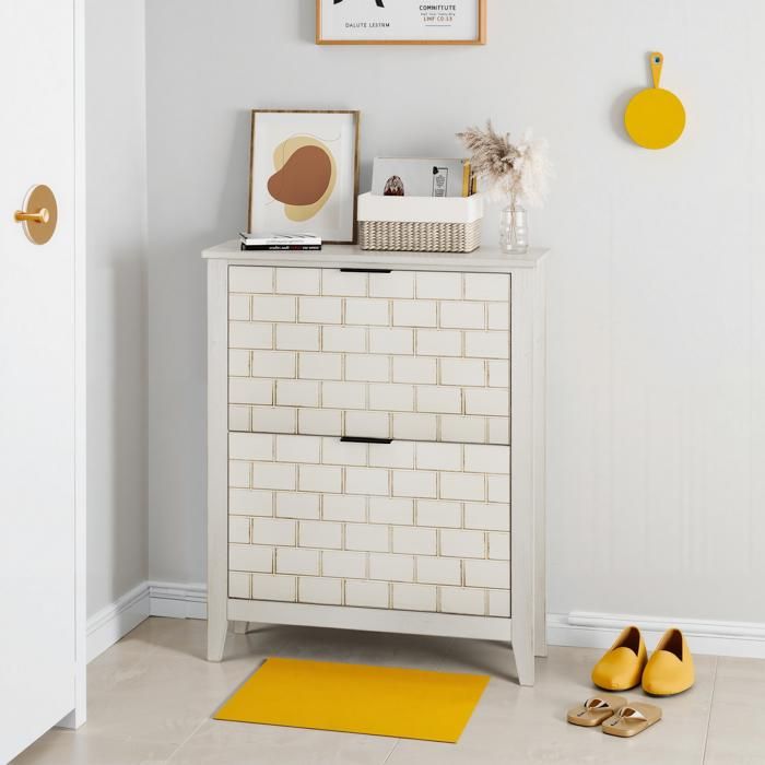 Meuble a chaussures 80x24x97.5 cm avec 2 tiroirs à charnières Armoire à chaussures vintage indépendante du milieu du siècle Blanc