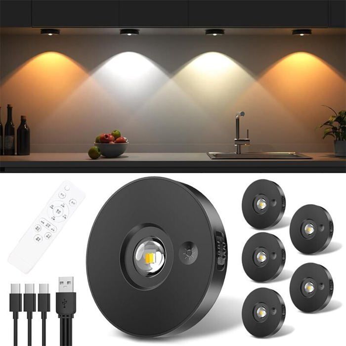 Projecteurs LED Armoire Rechargeables USB Lot 6 Télécommande et Minuterie Éclairage Display