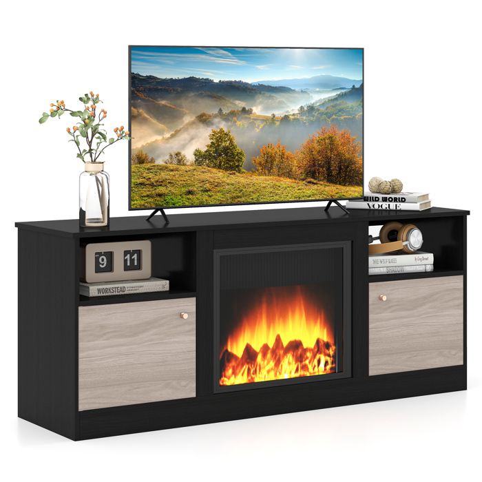 COSTWAY 65 Meuble TV LED et 2 Armoires Compartiments Ouverts Porte Magnétique Design Moderne pour Salon 147 x 40 x 60 cm