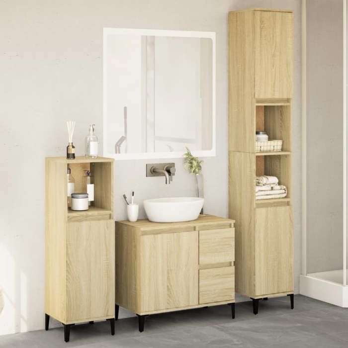 Ensemble de meubles de salle de bain - vidaXL - Chêne sonoma - Bois dingénierie - Pieds en métal - 30x30x100 cm