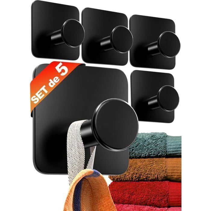 Set de 5 Accroche-Serviettes Sans Perçage Noir Inox Adhésif Fort Porte Serviettes Salle de Bain Moderne Installation Facile