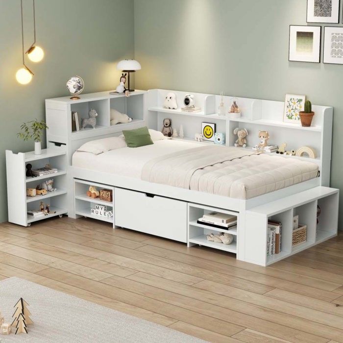 Lit simple - style contemporain - 90 x 200 cm - avec tiroirs et armoire - sommier à lattes
