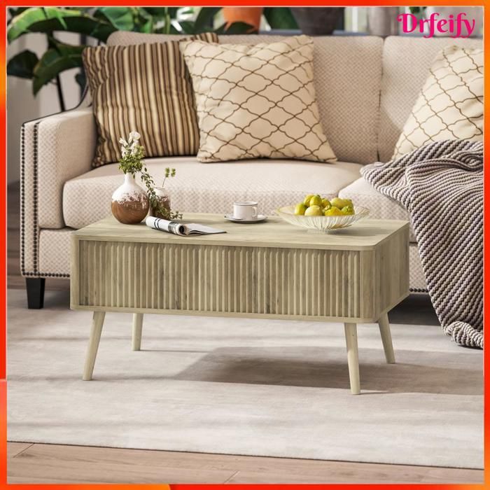 Table basse relevable - AKOZON - 12570 - Plateau 43–575 cm - 2 compartiments cachés - Pieds en pin finition chêne
