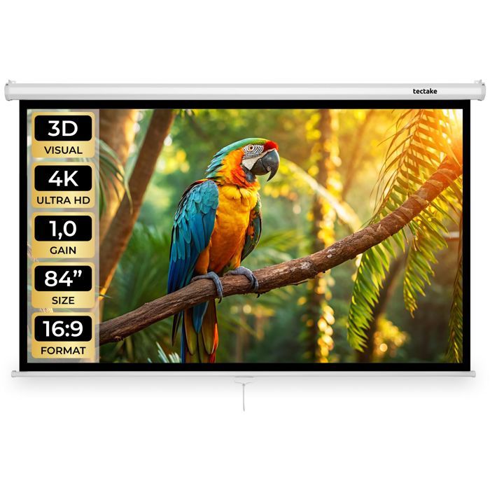 TECTAKE Ecran de projection vid&eacute;oprojecteur 84 pouces blanc format 16:9 compatible 4K HD Full HD Ultra HD mural plafond toile cin&eacute;ma maison 214 