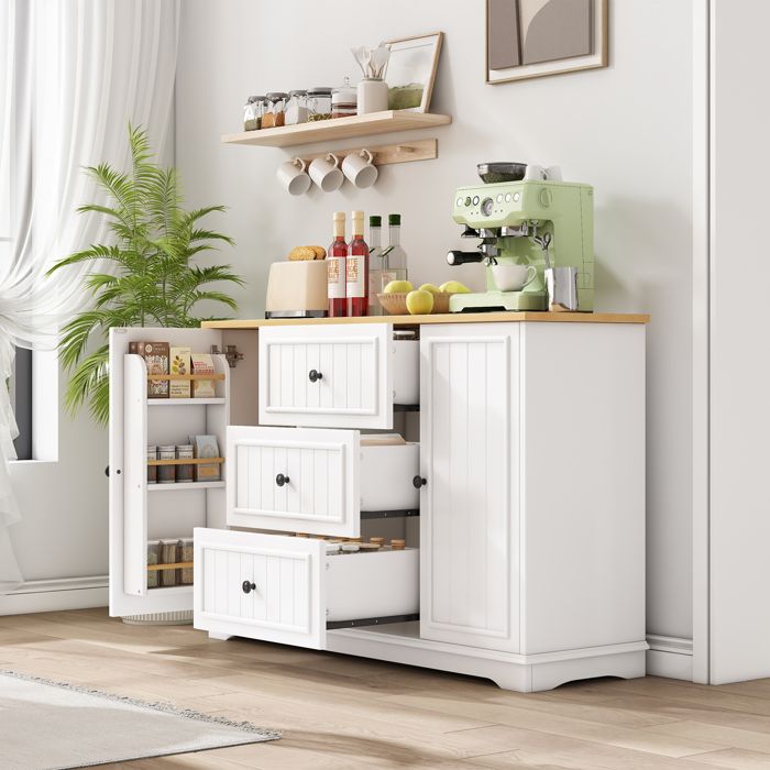 Merax Buffet Bas Cuisine avec 3 Tiroirs et Portes Meuble de Rangement Moderne avec Étagères Réglables Plan de Travail Blanc