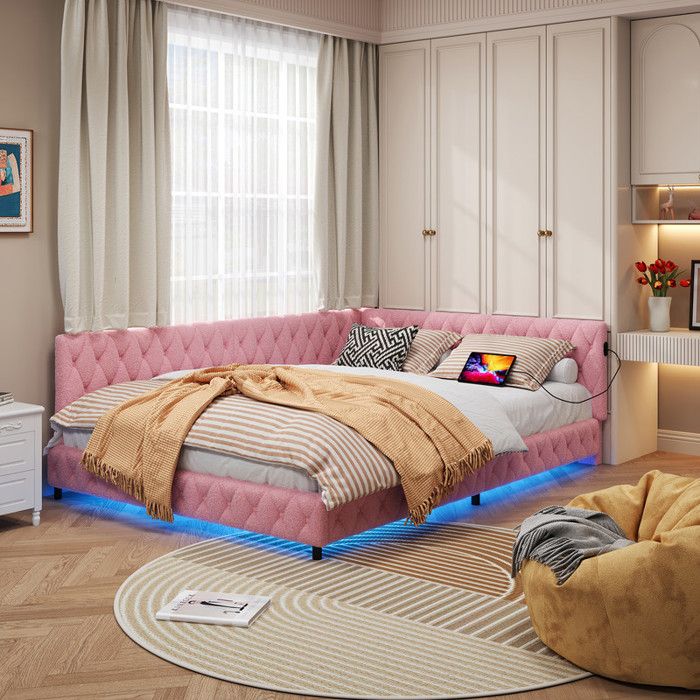 Canapé-lit 140 x 200 cm lit rembourré en L tissu en teddy doux lit double avec éclairage LED ports USB et Type-C Rose