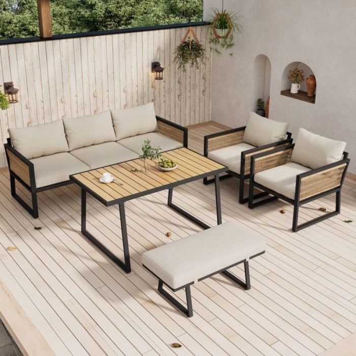 Ensemble 5 pièces canapé 3 places + fauteuils table charge 150kg par siège poids total 765kg structure solid SALON BAS DE JARDIN