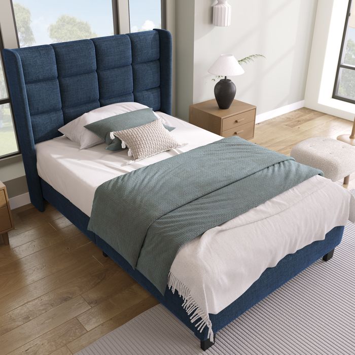 Lit Simple 90x200 avec Sommier à Lattes Lit Capitonné en Lin Bleu Design Moderne pour Chambre Sans Matelas