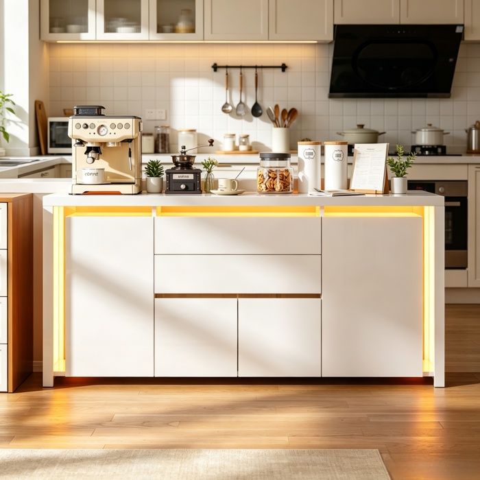 Buffet avec LEDmeuble TVbuffet bas moderne4 portes et 2 tiroirsgrand espace de rangementpour cuisine salon salle à mangerblanc