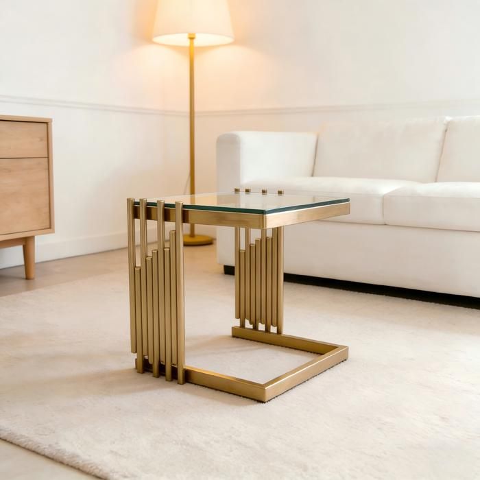 Table dappoint carrée - 41x41 cm - Verre trempé clair - Acier inoxydable doré - Finition miroir - Poids 7.9 kg