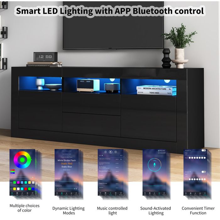 Modenuit Meuble TV 160 x 35 x 60 cm noir brillant avec LED Bluetooth 3 niches 2 portes et 2 tiroirs