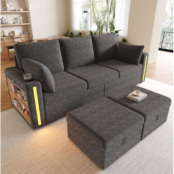 WOVREO Canapé dangle modulable U/L 190x130 cm gris 2 poufs de rangement LED USB/USB-C
