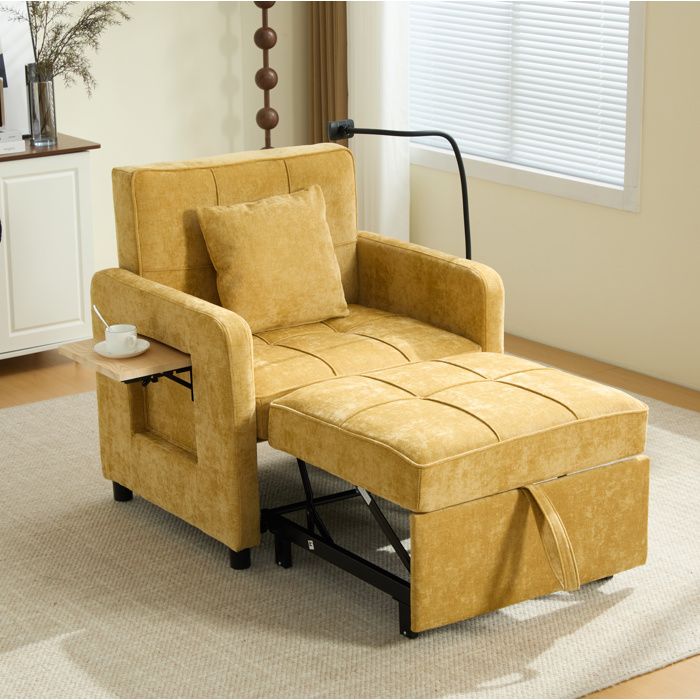 HOMVRA fauteuil convertible 1 place en chaise longue dossier réglable 5 positions chenille jaune moutarde